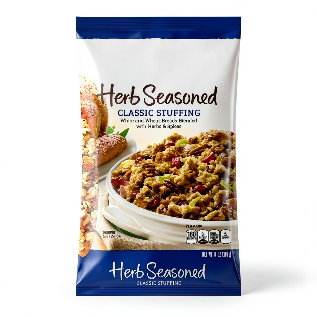 Packaged stuffing side dish with stay-fresh bags displayed on a kitchen counter