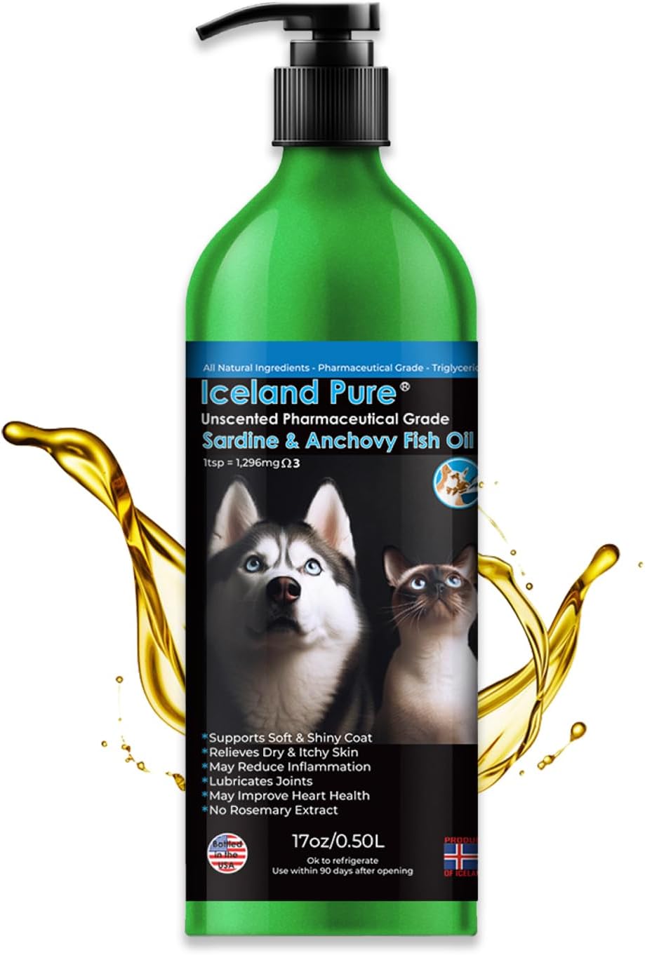 Installing Iceland Pure Sardine Anchovy Oil for Dogs Cats Skin Coat on a kitchen counter