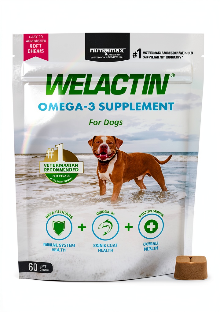 Welactin Omega 3 soft chews for dogs displayed on a counter