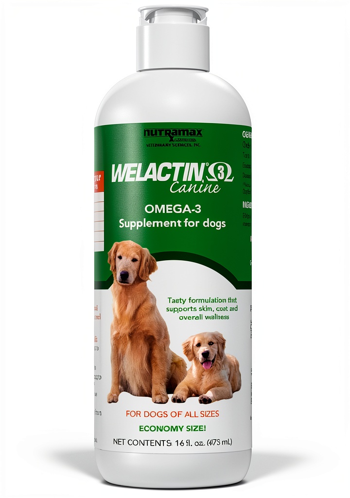 Welactin Omega 3 fish oil bottle with scoop on dog food