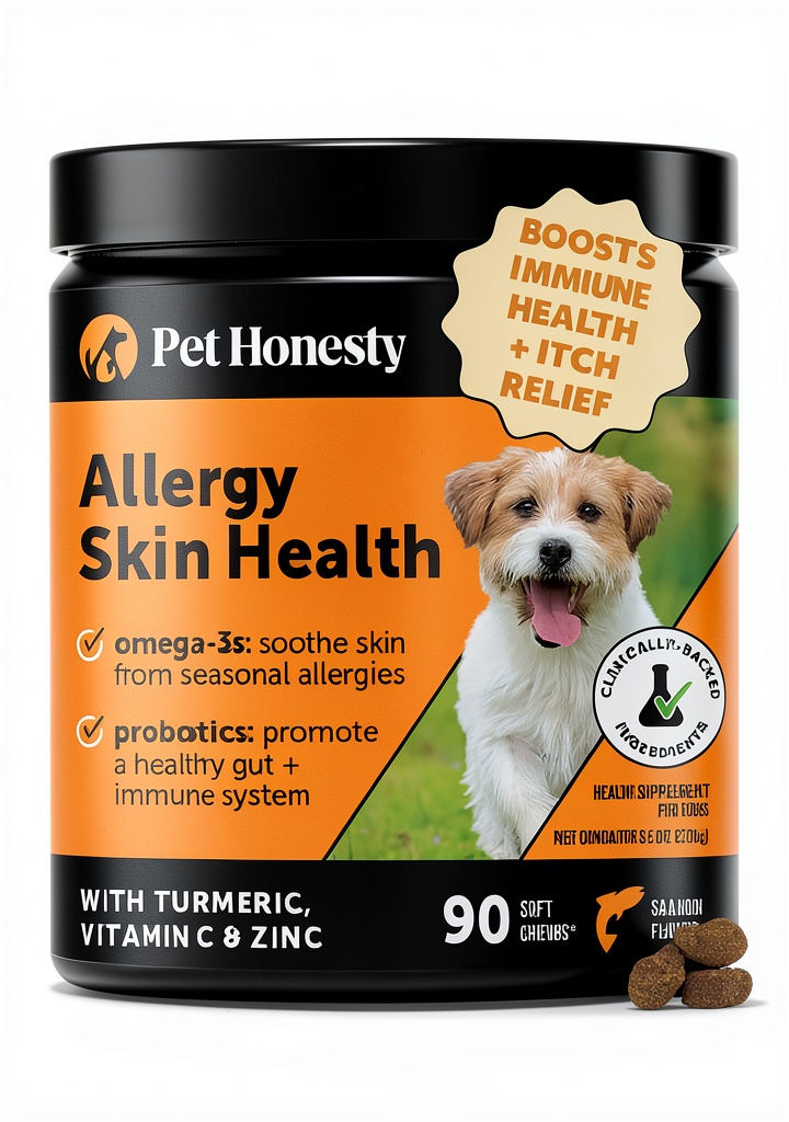 Pet Honesty Allergy Skin Health Soft Chews displayed on a kitchen counter next to a dog bowl