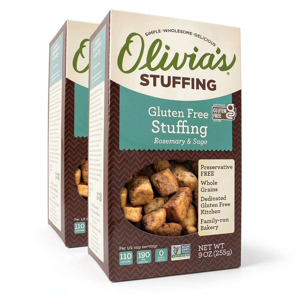 Olivia's gluten-free stuffing mix displayed in a kitchen setting