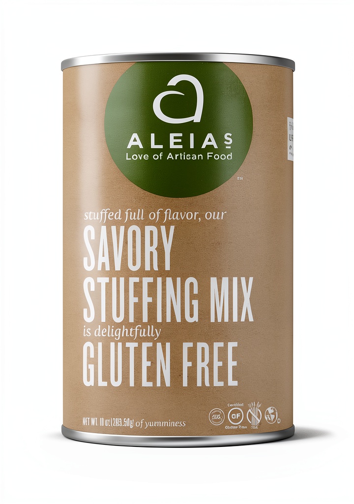 Gluten-free stuffing mix displayed in a bowl with herbs and spices