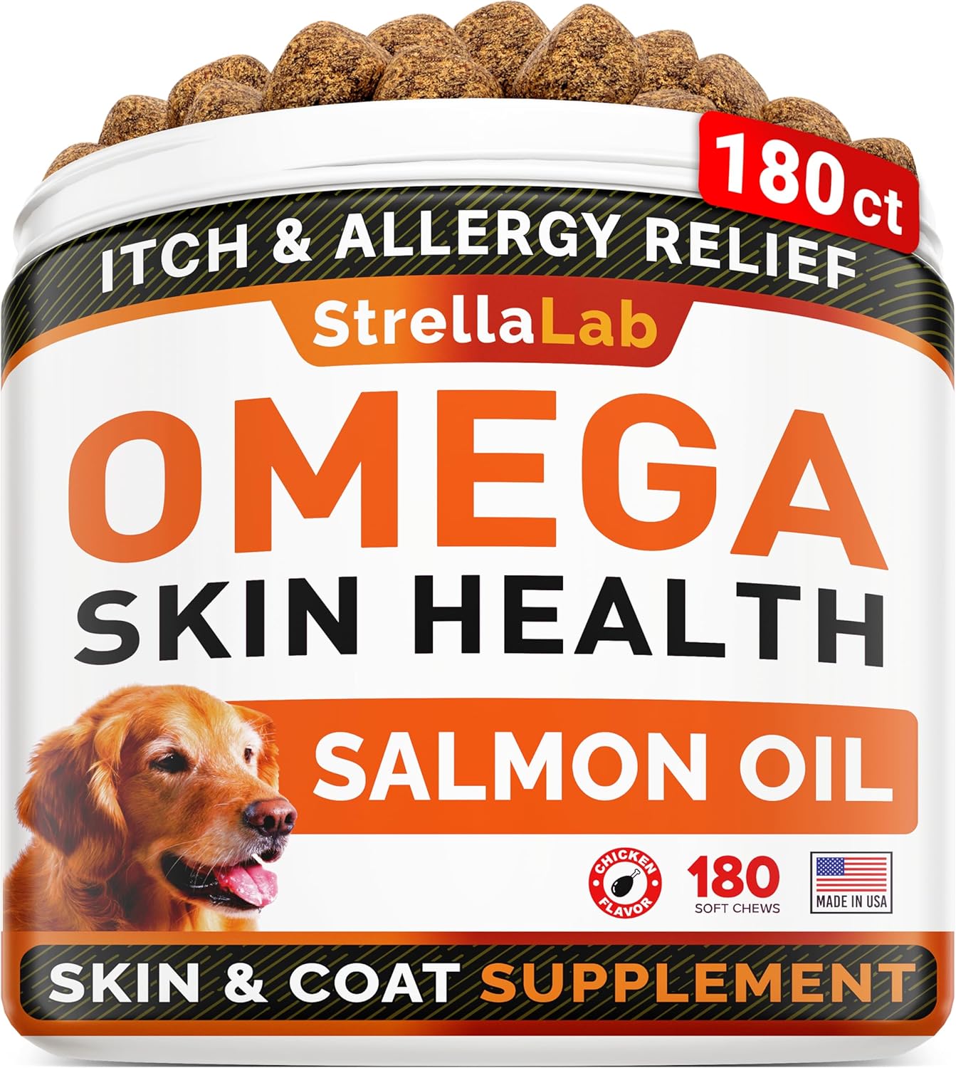 STRELLALAB Salmon Oil Omega 3 dog chews jar with treats displayed