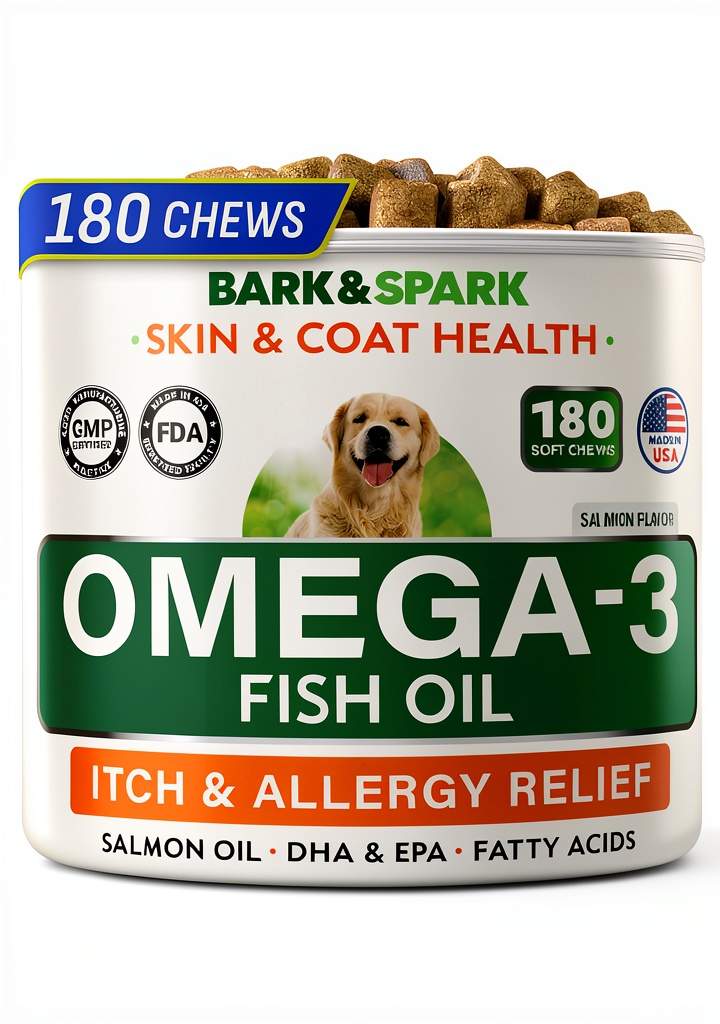 Bark&Spark Omega dog supplements jar with chewable treats