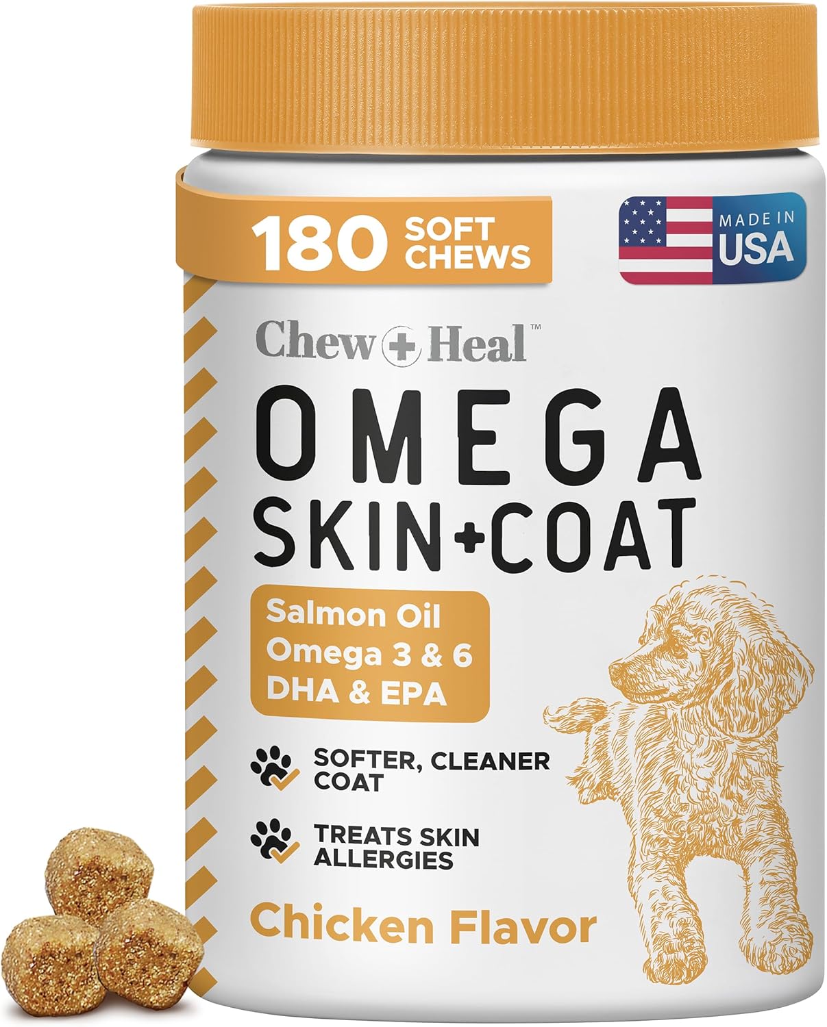 Dog enjoying Chew + Heal Labs fish oil supplement chews