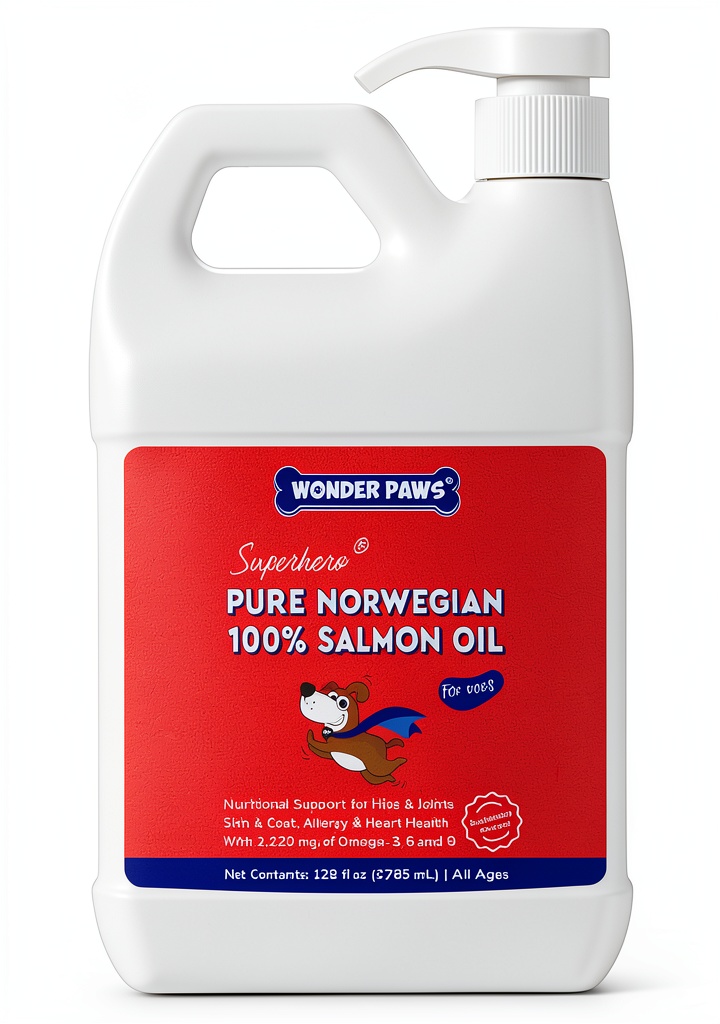 Wonder Paws salmon oil bottle with dog enjoying meal