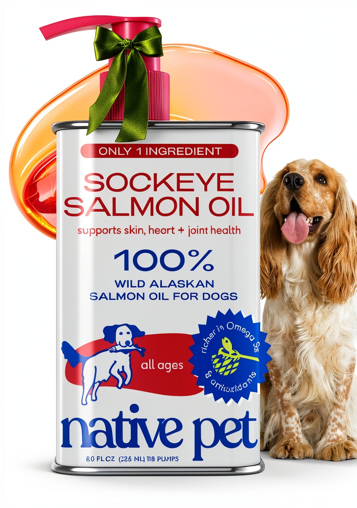 Native Pet Salmon Oil bottle with dog in background