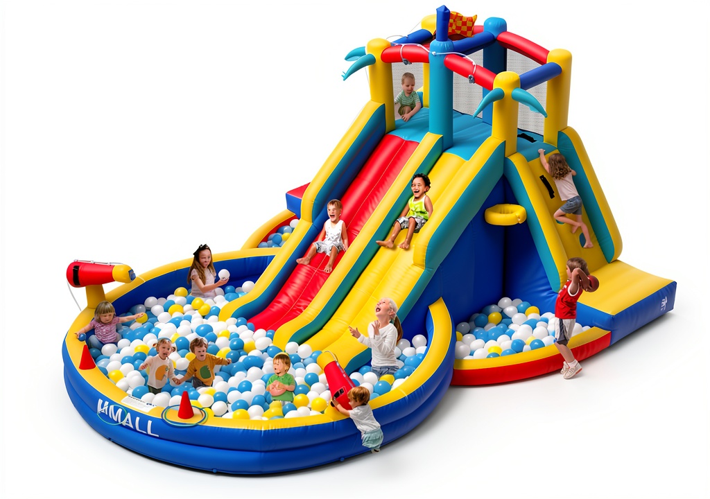 Children sliding down the GYMMALL inflatable water slide in a backyard setting