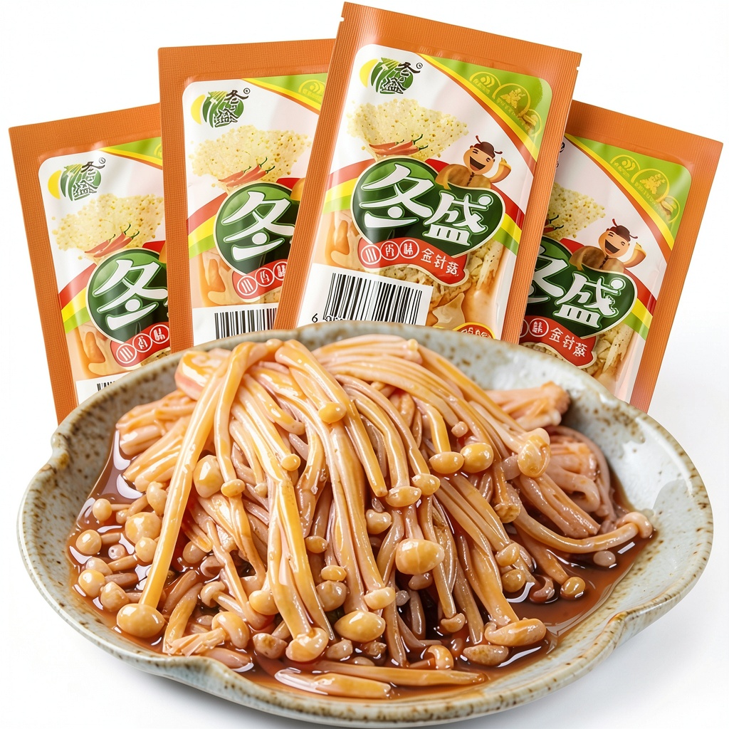 Installing Noble Createaprototype Chinese Pickled Enoki Mushrooms on a wooden desk