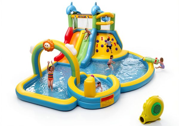 JOYMOR 8in1 Inflatable Water Slide Park Dolphin Theme for Kids 3+-0
